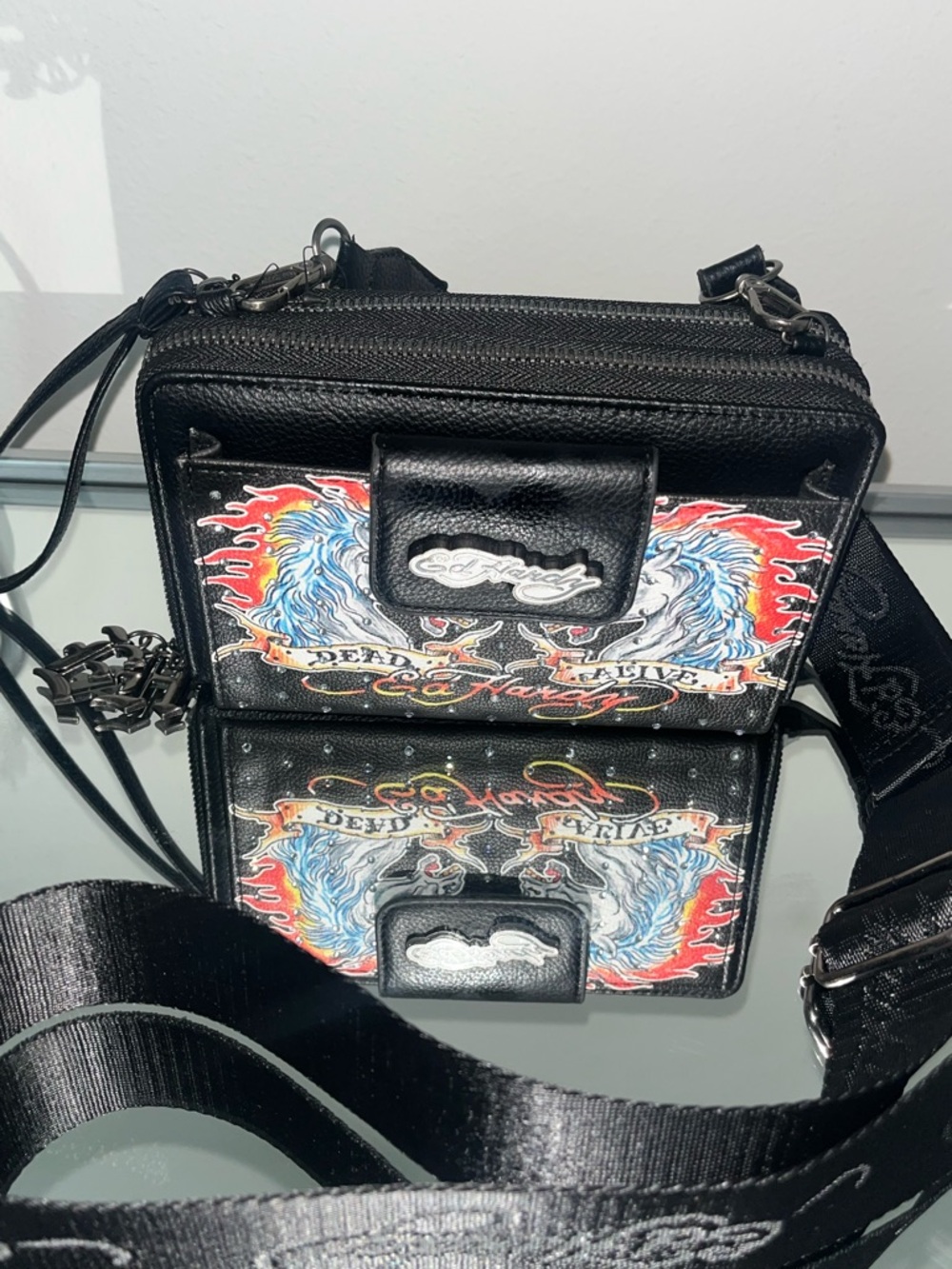 Ed Hardy Black Messenger Bag with Red and Blue Flame Graphics
